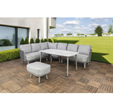 Tuinmeubelset met hoekbank, tafel en kruk op houten terras