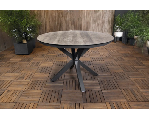 Ronde tuintafel met houten blad en metalen onderstel