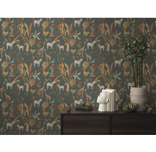 Behang met jungle motieven met zebra's, giraffen, luipaarden en exotische bladeren