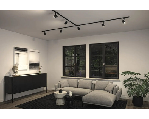 Woonkamer met bank, kast, decoratie en zwart railsysteem met spots