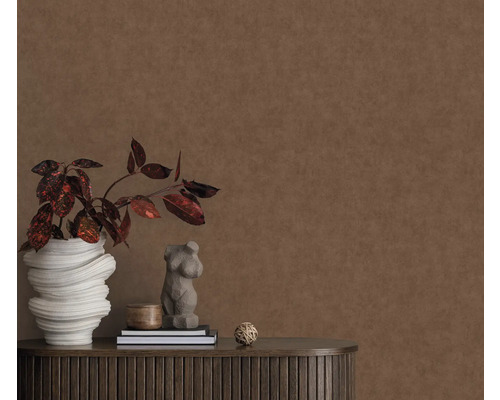 Decoratieve wand met plant in pot, sculptuur en boeken op een donkerhouten kast.