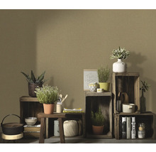 Decoratieve houten kisten met planten, boeken en keukengerei opgesteld voor een effen muur.