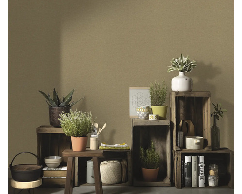 Decoratieve houten kisten met planten, boeken en keukengerei opgesteld voor een effen muur.