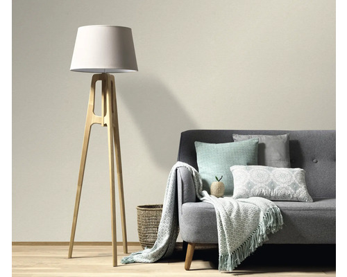 Woonkamer met staande lamp, bank, kussens en fleece deken