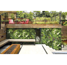 Buitenruimte met groene wand, zitbank en vuurplaats