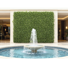 Decoratieve groene wand met een fontein op de voorgrond