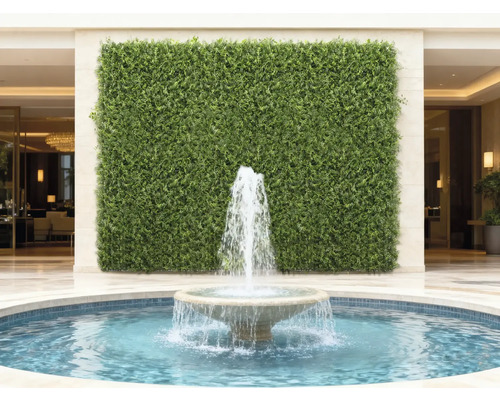 Decoratieve groene wand met een fontein op de voorgrond