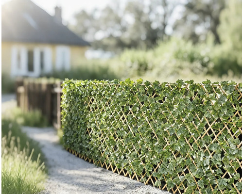 Decoratieve privacyscherm van klimrooster met kunstmatige bladeren in de tuin.