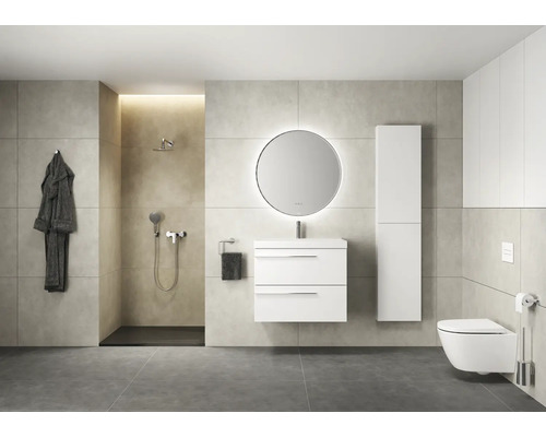 Badkamer met douche, wastafelonderkast, spiegel, hoge kast en toilet.