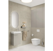 Moderne badkamer met wastafelonderkast, spiegel, toilet en handdoekhouder.