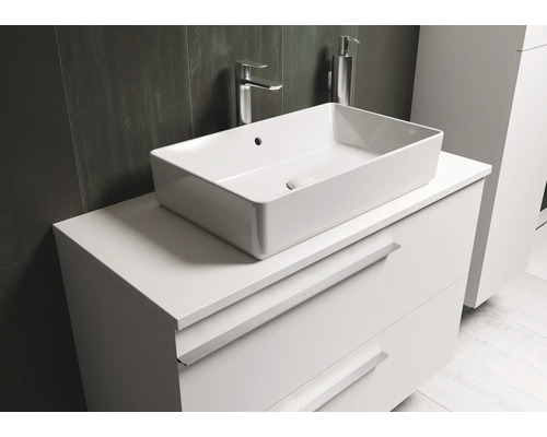 Wastafelmeubel met opzetwastafel, kraan en zeepdispenser