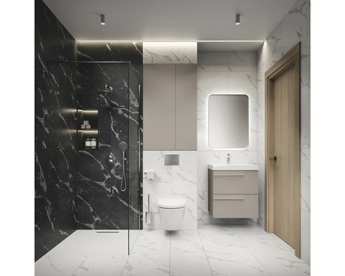 Moderne badkamer met douche, toilet, wastafelonderkast en spiegel