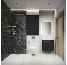 Moderne badkamer met douche, wastafelonderkast en toilet.