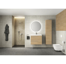 Moderne badkamer met douche, wastafel, spiegel, hoge kast en toilet.