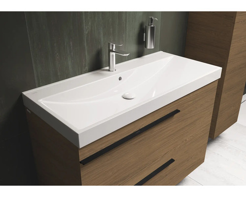 Wastafel met onderkast, kraan en zeepdispenser in de badkamer