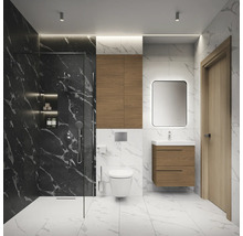 Moderne badkamer met douche, wastafel, toilet en marmerlook