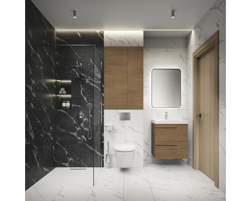 Moderne badkamer met douche, wastafel, toilet en marmerlook
