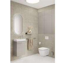 Lichte badkamer met wastafel, spiegel, toilet en handdoekrek