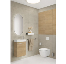 Moderne badkamer met wastafel, spiegel, toilet en houten details.