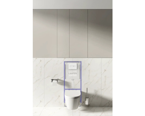 Installatie-element voor een wandcloset met bedieningspaneel van Laufen in een badkamer.