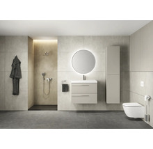 Moderne badkamer met douche, wastafelmeubel met spiegel, hoge kast en toilet.