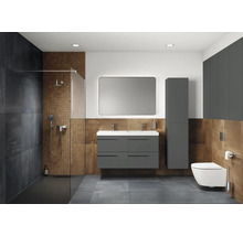 Moderne badkamer met douche, dubbele wastafel, spiegel, kast en toilet.