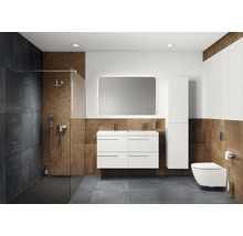 Moderne badkamer met douche, wastafel, spiegelkast, hoge kast en toilet.