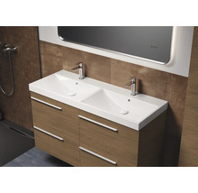 Dubbele wastafel met onderkast en twee kranen in de badkamer