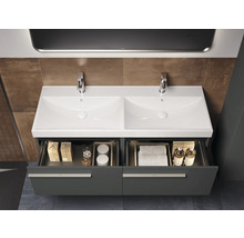 Dubbele wastafel met twee waskommen, badkameronderkast met opberglades.