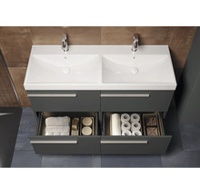 Wastafelonderkast met twee wastafels, twee lades, handdoeken en toiletpapier