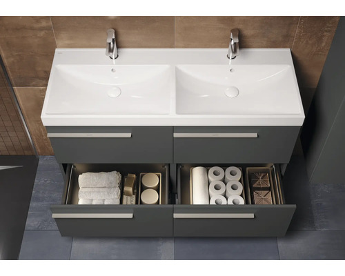 Wastafelonderkast met twee wastafels, twee lades, handdoeken en toiletpapier