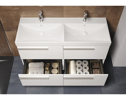 Wastafelonderkast met twee wastafels en laden voor badkameropslag.
