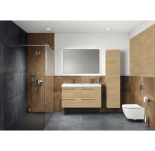 Badkamer met douche, wastafel, spiegelkast en toilet in modern design