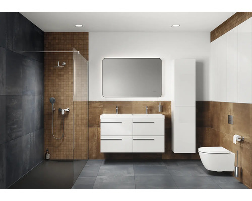 Moderne badkamer met douche, wastafel, spiegel, hoge kast en toilet.