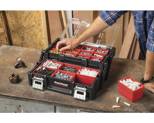 Gevulde Pattfield gereedschapskoffer met transparant deksel en rode inzet