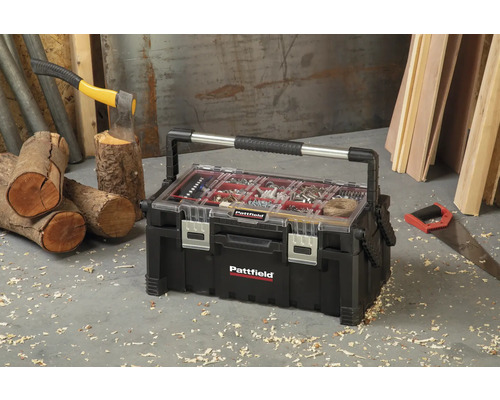 Pattfield gereedschapskist met schroeven en spijkers naast een bijl en een zaag