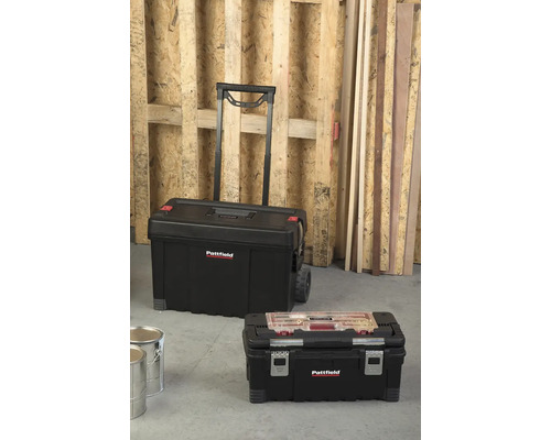 Twee zwarte gereedschapskoffers, één met wielen en telescopische handgreep, van Pattfield