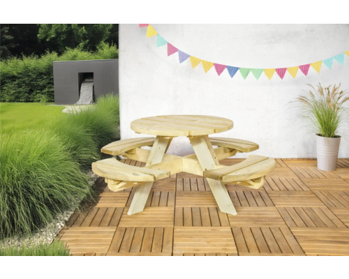 Ronde picknicktafel van hout met zitbanken voor de tuin