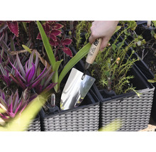 Roestvrijstalen schep in een plantenbak tussen planten