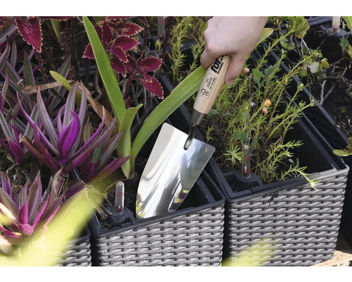 Roestvrijstalen schep in een plantenbak tussen planten