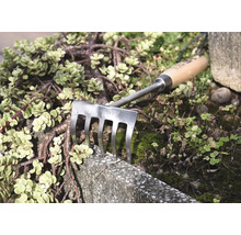 Tuinhandreken met houten handvat en metalen tanden tussen planten