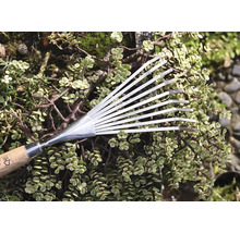 Metalen bladhark met houten handvat voor groene planten