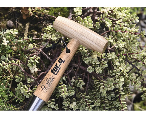 Tuingereedschap met houten handvat en for-q logo, omgeven door planten