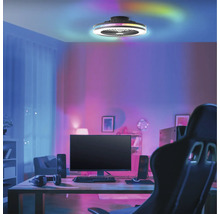 Een kamer met een computertafel en een plafondventilator met verlichting