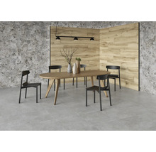 Eetkamer met eettafel, stoelen en wandtegels in steenlook en houtlook