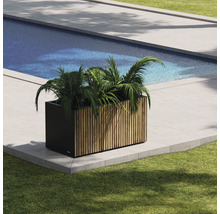 Rechthoekige plantenbak met houten bekleding in de tuin naast een zwembad.