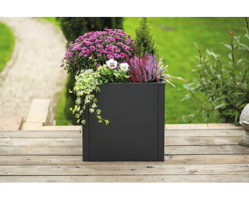 Decoratieve plantenbak met verschillende planten op een houten terras