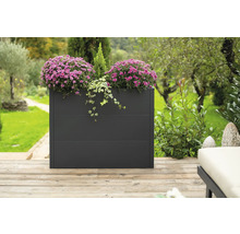 Rechthoekige metalen plantenbak met paarse bloemen in de tuin