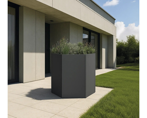 Zeshoekige plantenbak op een terras met gazon