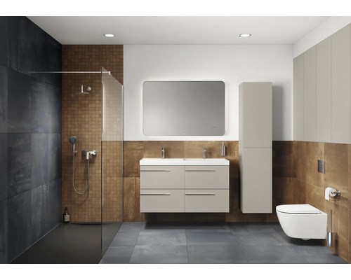 Moderne badkamer met douche, wastafel, spiegel en toilet in grijstinten en bruintinten